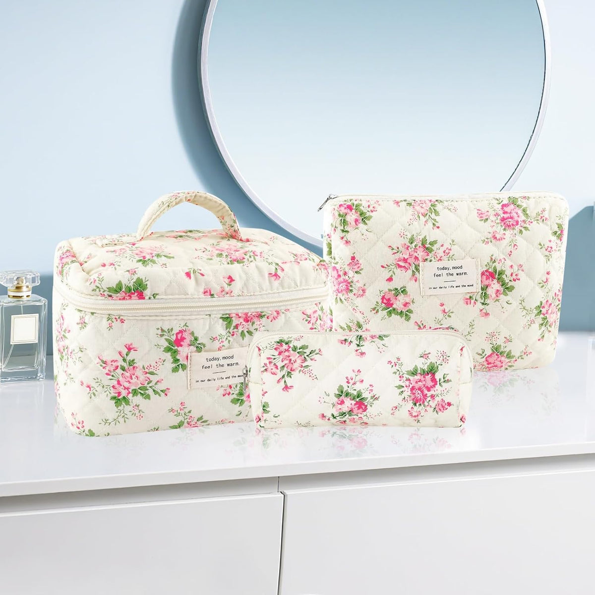 Cotton Quilted Makeup Bag for Women Girls Large Small Travel Black Floral Cosmetic Bags Set Cute Coquette Makeup Pouch for Purse Aesthetic Cloth Flower Storage Toiletry Bag Organizer