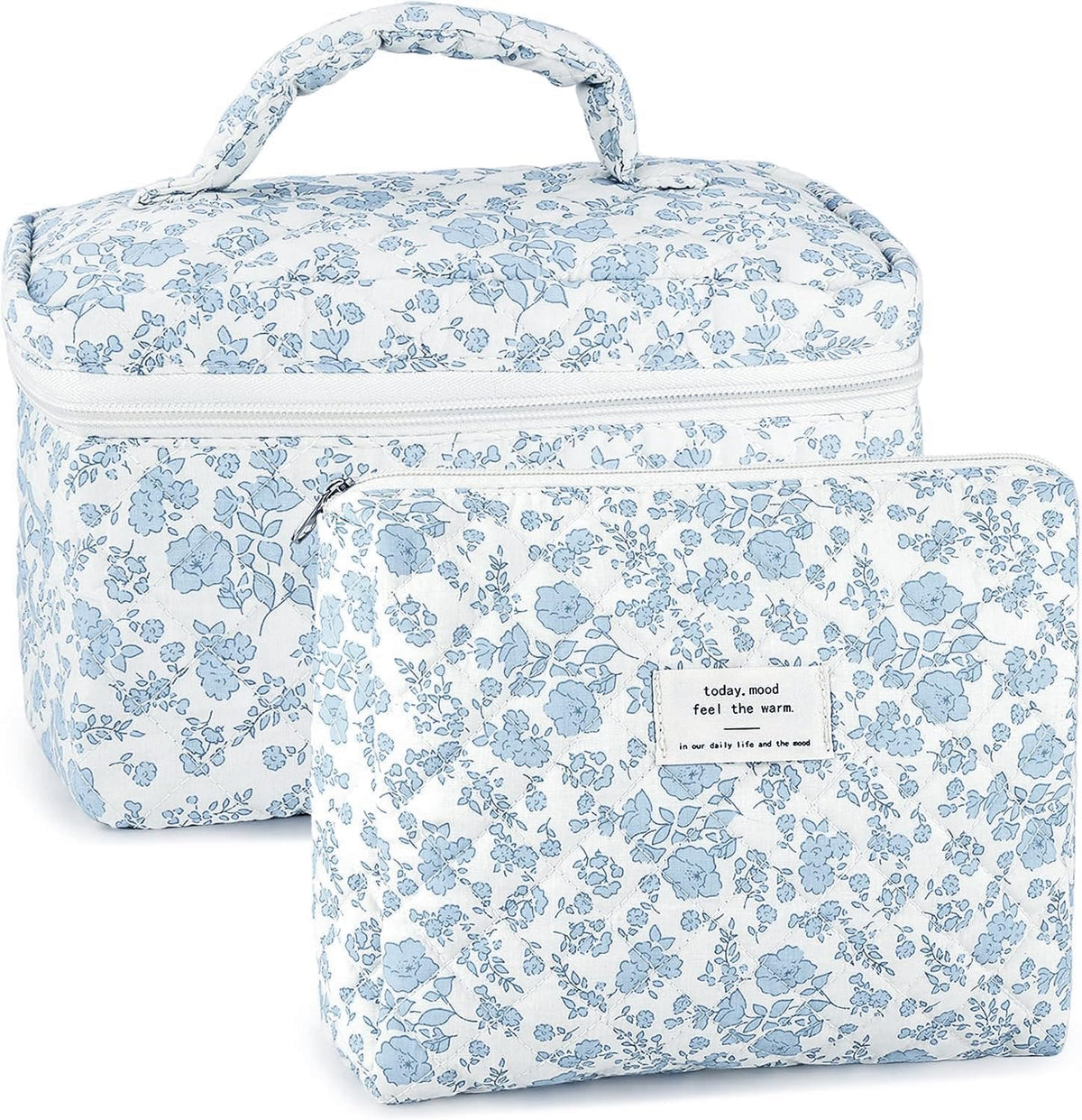 Cotton Quilted Makeup Bag for Women Girls Large Small Travel Black Floral Cosmetic Bags Set Cute Coquette Makeup Pouch for Purse Aesthetic Cloth Flower Storage Toiletry Bag Organizer