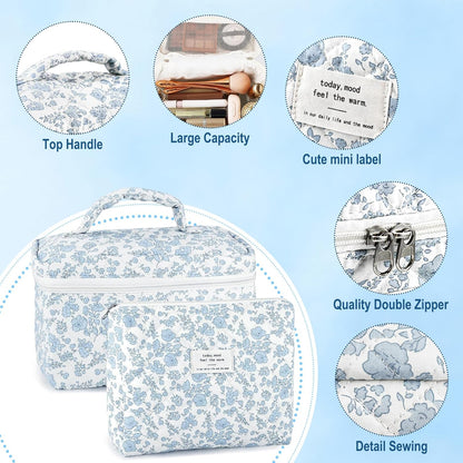 Cotton Quilted Makeup Bag for Women Girls Large Small Travel Black Floral Cosmetic Bags Set Cute Coquette Makeup Pouch for Purse Aesthetic Cloth Flower Storage Toiletry Bag Organizer