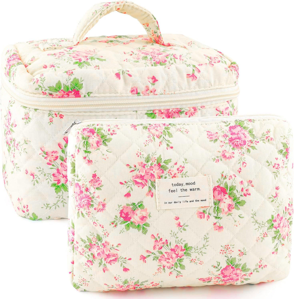 Cotton Quilted Makeup Bag for Women Girls Large Small Travel Black Floral Cosmetic Bags Set Cute Coquette Makeup Pouch for Purse Aesthetic Cloth Flower Storage Toiletry Bag Organizer