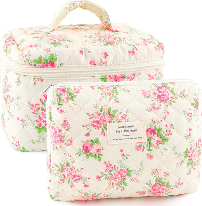 Cotton Quilted Makeup Bag for Women Girls Large Small Travel Black Floral Cosmetic Bags Set Cute Coquette Makeup Pouch for Purse Aesthetic Cloth Flower Storage Toiletry Bag Organizer