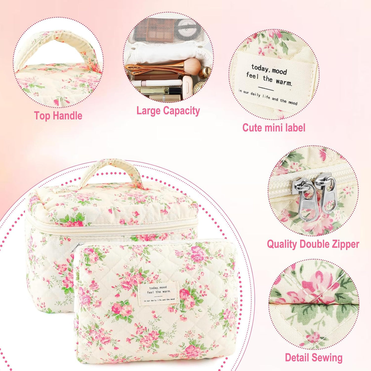 Cotton Quilted Makeup Bag for Women Girls Large Small Travel Black Floral Cosmetic Bags Set Cute Coquette Makeup Pouch for Purse Aesthetic Cloth Flower Storage Toiletry Bag Organizer
