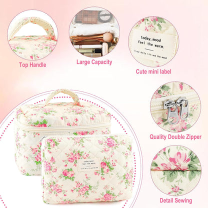 Cotton Quilted Makeup Bag for Women Girls Large Small Travel Black Floral Cosmetic Bags Set Cute Coquette Makeup Pouch for Purse Aesthetic Cloth Flower Storage Toiletry Bag Organizer