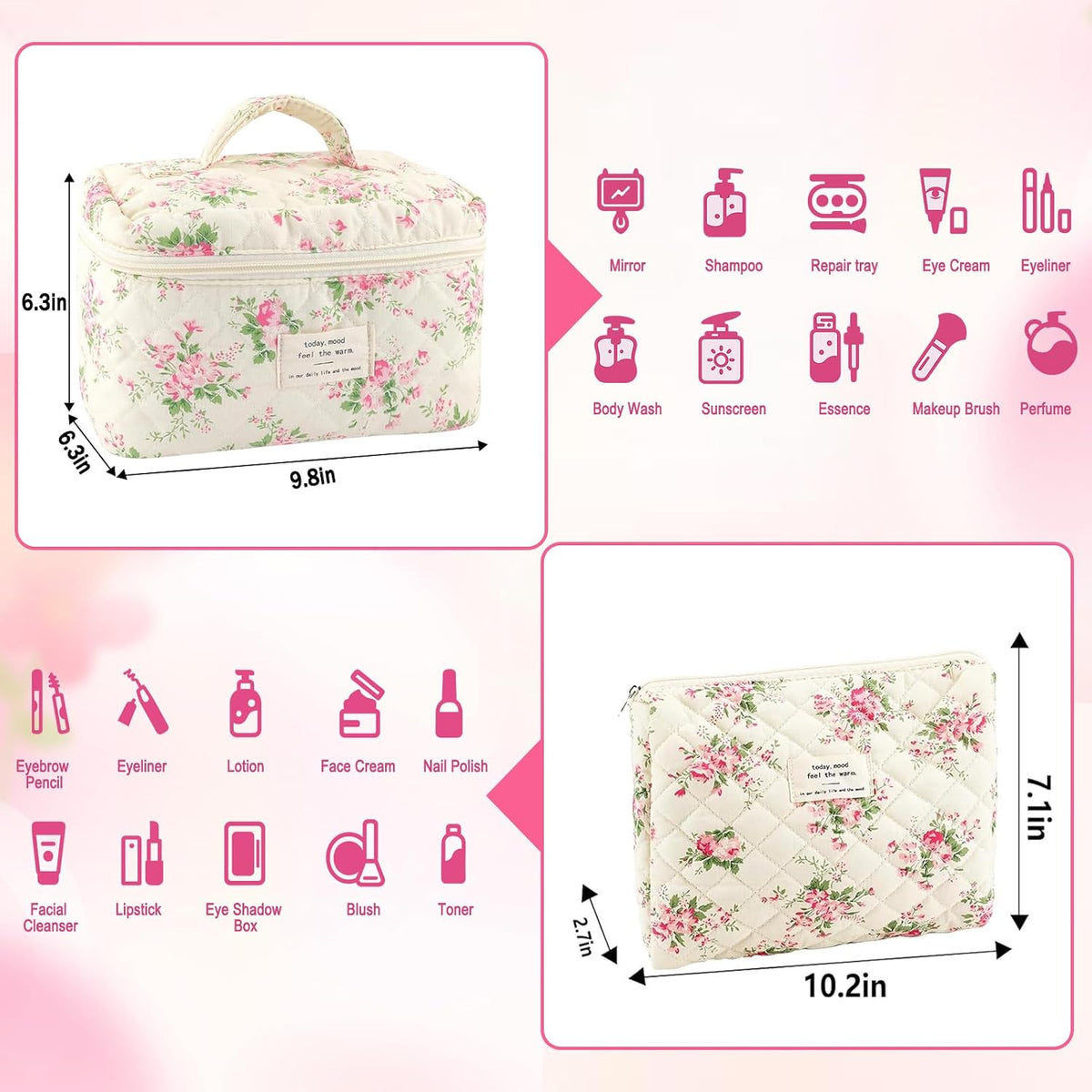 Cotton Quilted Makeup Bag for Women Girls Large Small Travel Black Floral Cosmetic Bags Set Cute Coquette Makeup Pouch for Purse Aesthetic Cloth Flower Storage Toiletry Bag Organizer