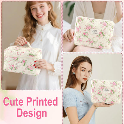 Cotton Quilted Makeup Bag for Women Girls Large Small Travel Black Floral Cosmetic Bags Set Cute Coquette Makeup Pouch for Purse Aesthetic Cloth Flower Storage Toiletry Bag Organizer