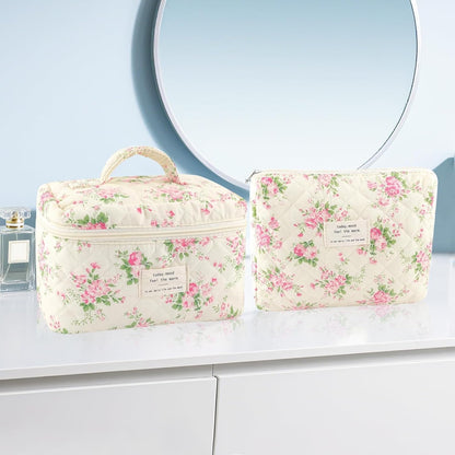Cotton Quilted Makeup Bag for Women Girls Large Small Travel Black Floral Cosmetic Bags Set Cute Coquette Makeup Pouch for Purse Aesthetic Cloth Flower Storage Toiletry Bag Organizer