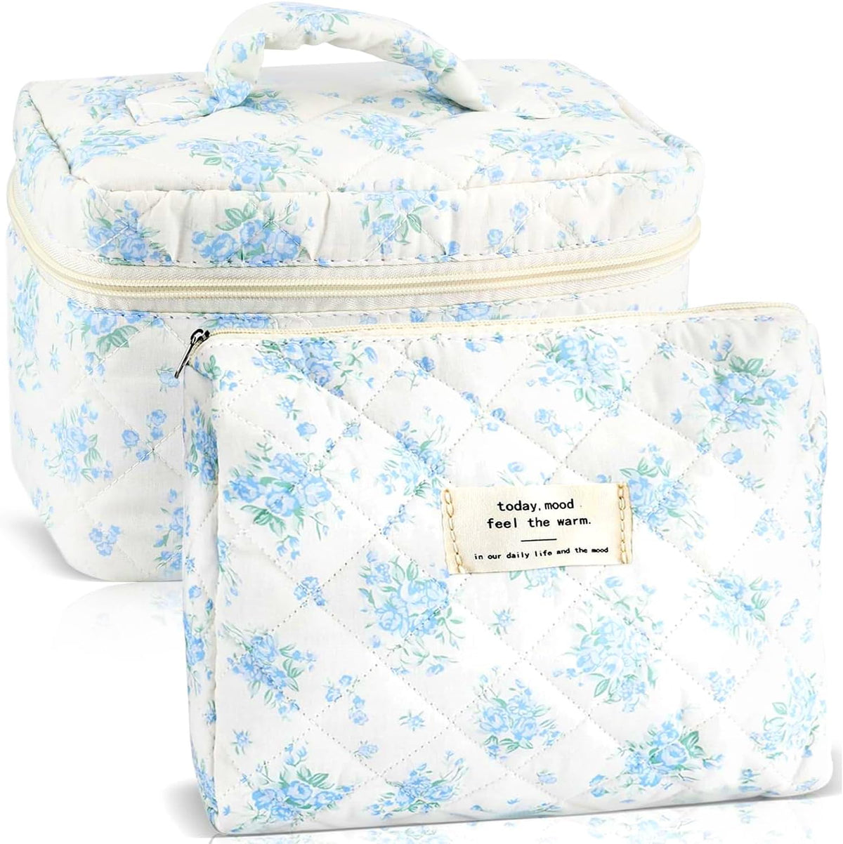 Cotton Quilted Makeup Bag for Women Girls Large Small Travel Black Floral Cosmetic Bags Set Cute Coquette Makeup Pouch for Purse Aesthetic Cloth Flower Storage Toiletry Bag Organizer