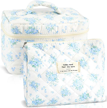 Cotton Quilted Makeup Bag for Women Girls Large Small Travel Black Floral Cosmetic Bags Set Cute Coquette Makeup Pouch for Purse Aesthetic Cloth Flower Storage Toiletry Bag Organizer