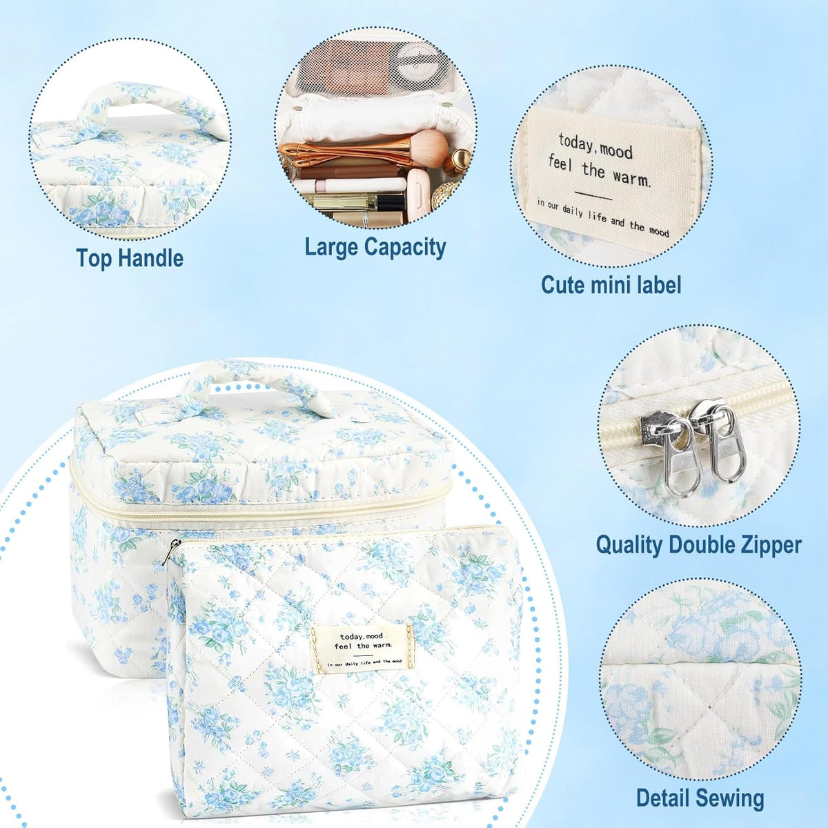 Cotton Quilted Makeup Bag for Women Girls Large Small Travel Black Floral Cosmetic Bags Set Cute Coquette Makeup Pouch for Purse Aesthetic Cloth Flower Storage Toiletry Bag Organizer
