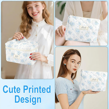 Cotton Quilted Makeup Bag for Women Girls Large Small Travel Black Floral Cosmetic Bags Set Cute Coquette Makeup Pouch for Purse Aesthetic Cloth Flower Storage Toiletry Bag Organizer
