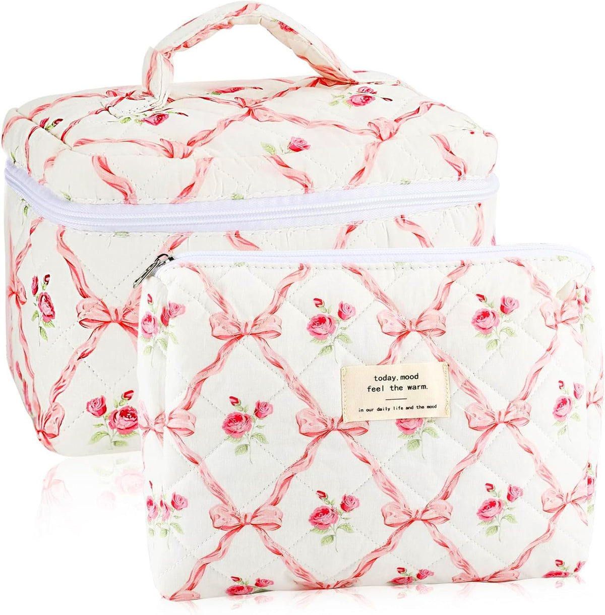 Cotton Quilted Makeup Bag for Women Girls Large Small Travel Black Floral Cosmetic Bags Set Cute Coquette Makeup Pouch for Purse Aesthetic Cloth Flower Storage Toiletry Bag Organizer