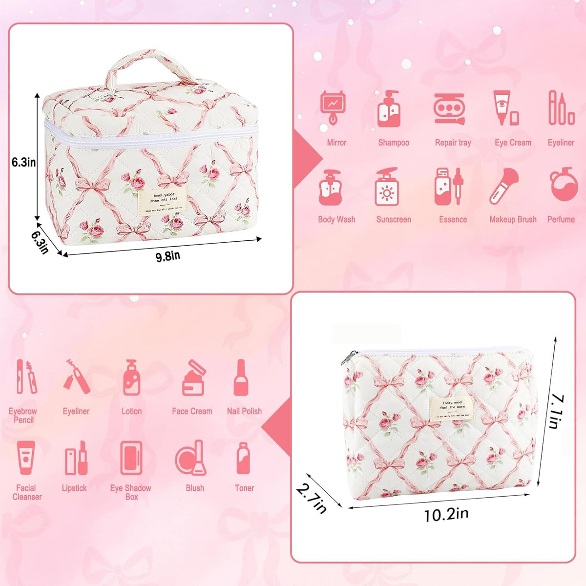 Cotton Quilted Makeup Bag for Women Girls Large Small Travel Black Floral Cosmetic Bags Set Cute Coquette Makeup Pouch for Purse Aesthetic Cloth Flower Storage Toiletry Bag Organizer