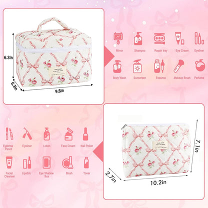 Cotton Quilted Makeup Bag for Women Girls Large Small Travel Black Floral Cosmetic Bags Set Cute Coquette Makeup Pouch for Purse Aesthetic Cloth Flower Storage Toiletry Bag Organizer