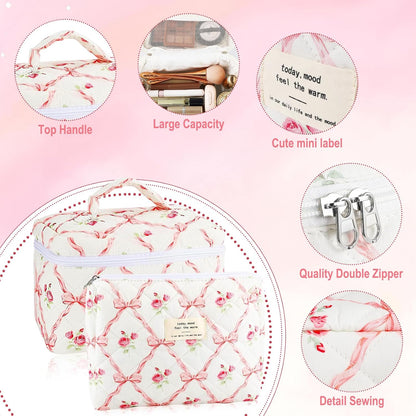 Cotton Quilted Makeup Bag for Women Girls Large Small Travel Black Floral Cosmetic Bags Set Cute Coquette Makeup Pouch for Purse Aesthetic Cloth Flower Storage Toiletry Bag Organizer