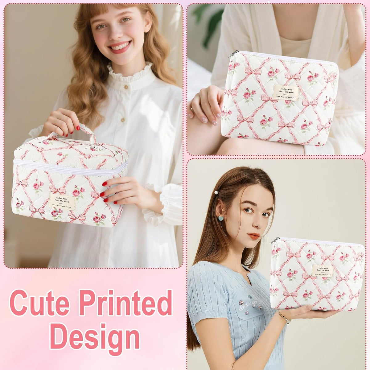 Cotton Quilted Makeup Bag for Women Girls Large Small Travel Black Floral Cosmetic Bags Set Cute Coquette Makeup Pouch for Purse Aesthetic Cloth Flower Storage Toiletry Bag Organizer