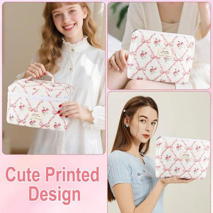 Cotton Quilted Makeup Bag for Women Girls Large Small Travel Black Floral Cosmetic Bags Set Cute Coquette Makeup Pouch for Purse Aesthetic Cloth Flower Storage Toiletry Bag Organizer
