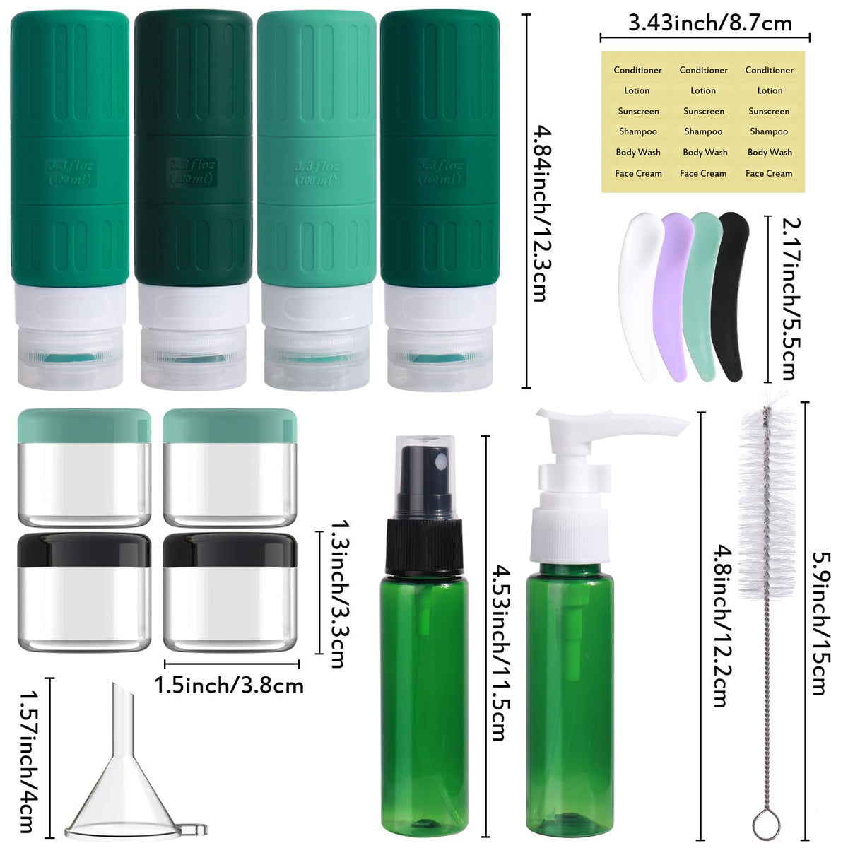 Travel Bottles for Toiletries,TSA Approved 3.3oz Size LeakProof Silicone Toiletry Containers for Shampoo, Conditioner,Easy to Squeeze，Portable Travel Essentials for Lotion(18 Pack) Green