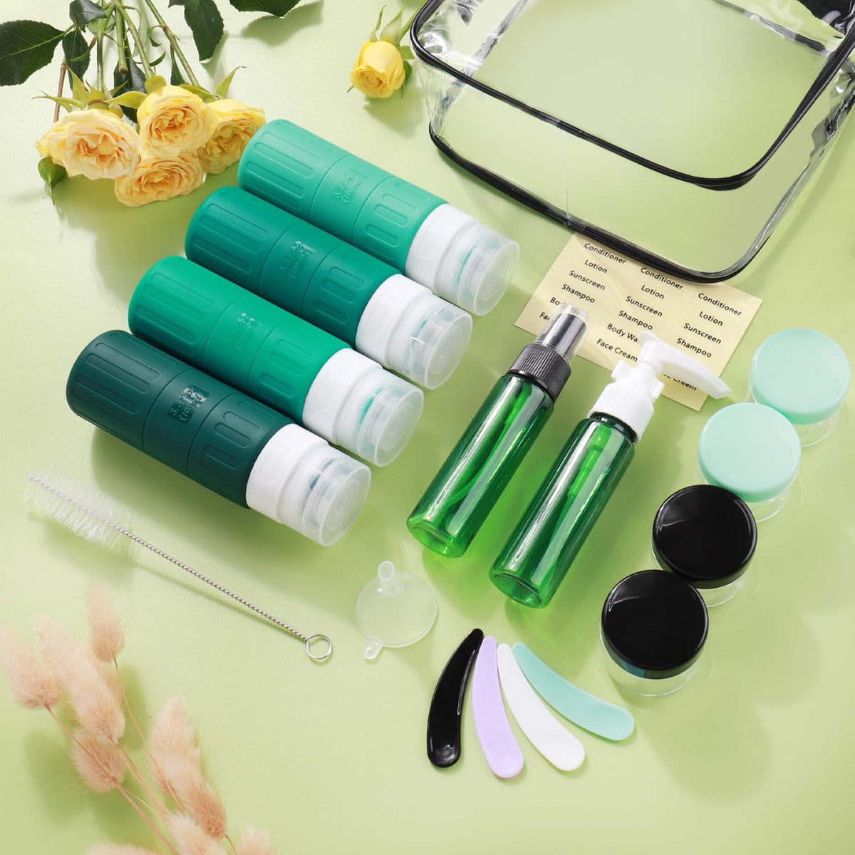 Travel Bottles for Toiletries,TSA Approved 3.3oz Size LeakProof Silicone Toiletry Containers for Shampoo, Conditioner,Easy to Squeeze，Portable Travel Essentials for Lotion(18 Pack) Green