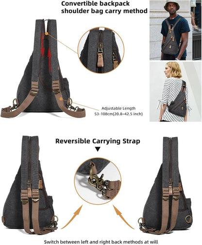 Canvas Sling Bag - Small Crossbody Backpack Shoulder Casual Daypack Rucksack for Men Women