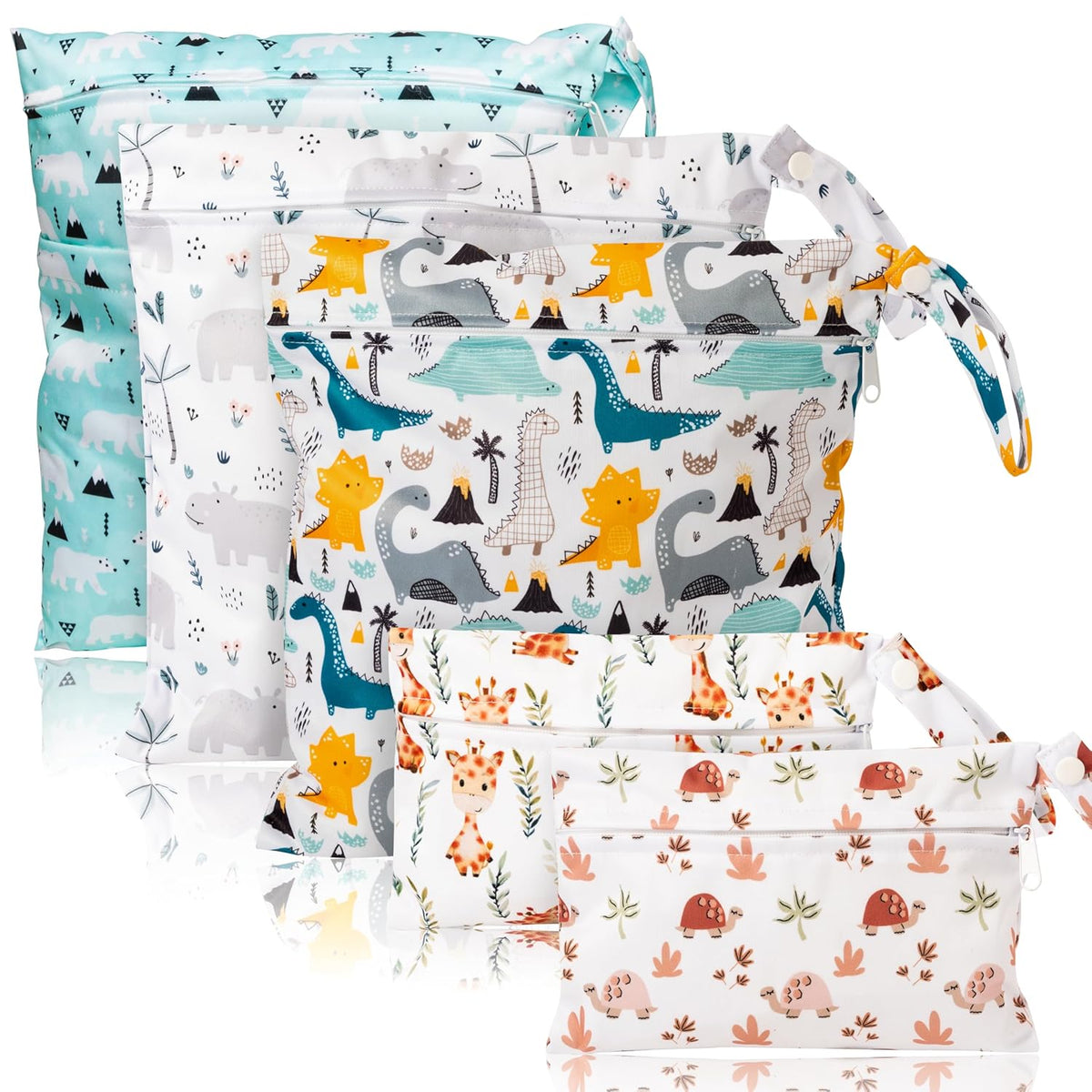 5Pcs Waterproof Reusable Diaper Baby Cloth Wet Dry Bags with 2 Zippered Pockets Travel Beach Pool Bag with Polar Bear Dinosaur Animal Alphabet Crocodile Pattern (3 Sizes)