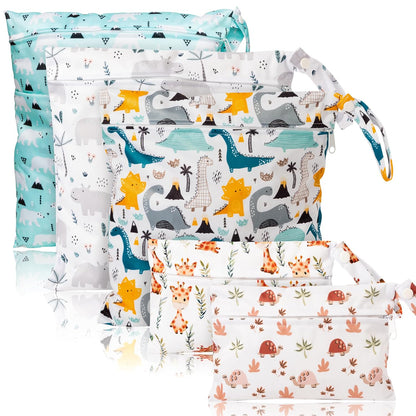 5Pcs Waterproof Reusable Diaper Baby Cloth Wet Dry Bags with 2 Zippered Pockets Travel Beach Pool Bag with Polar Bear Dinosaur Animal Alphabet Crocodile Pattern (3 Sizes)