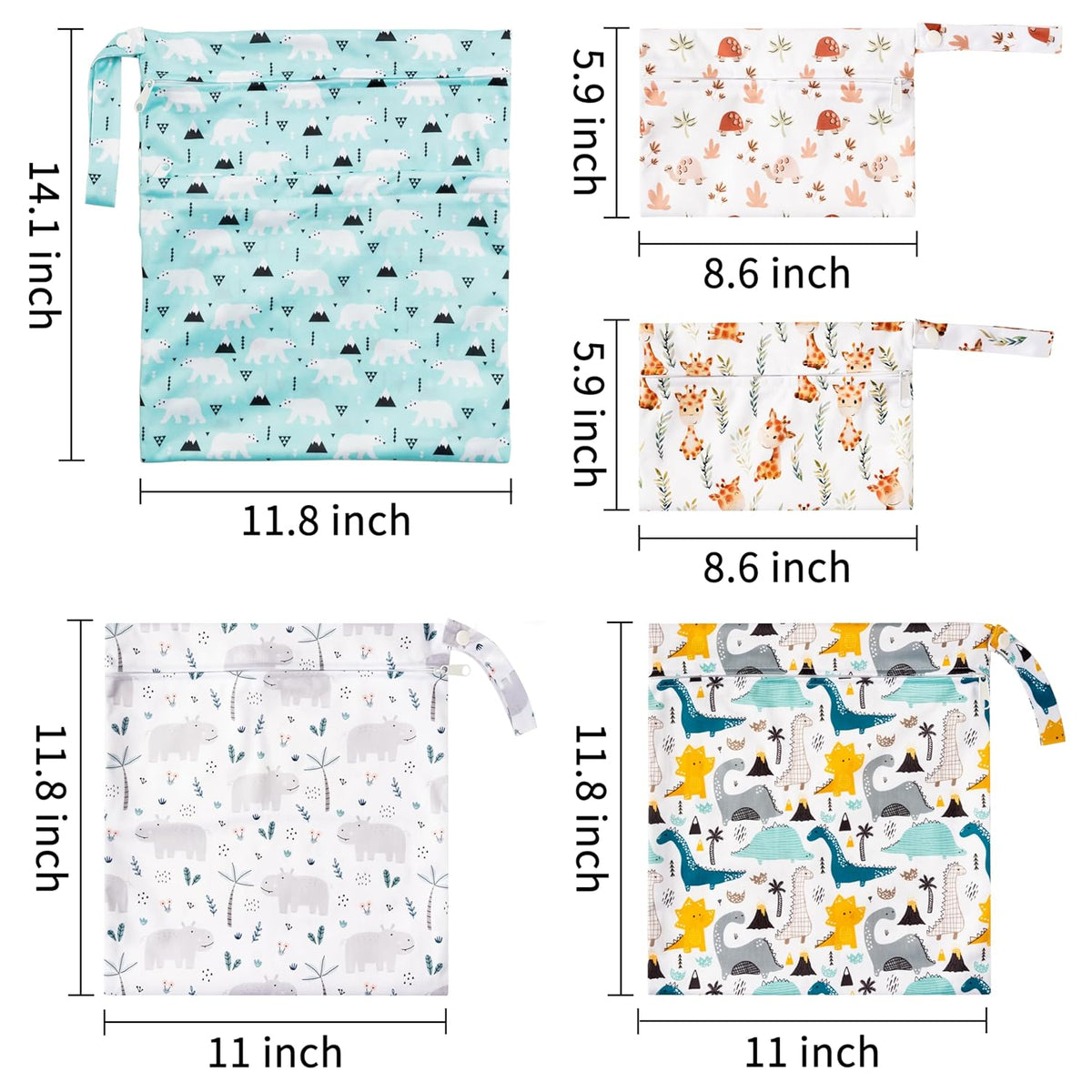 5Pcs Waterproof Reusable Diaper Baby Cloth Wet Dry Bags with 2 Zippered Pockets Travel Beach Pool Bag with Polar Bear Dinosaur Animal Alphabet Crocodile Pattern (3 Sizes)