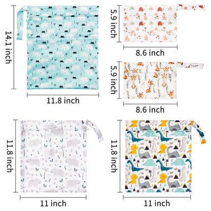 5Pcs Waterproof Reusable Diaper Baby Cloth Wet Dry Bags with 2 Zippered Pockets Travel Beach Pool Bag with Polar Bear Dinosaur Animal Alphabet Crocodile Pattern (3 Sizes)