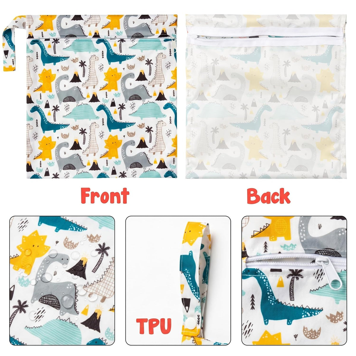 5Pcs Waterproof Reusable Diaper Baby Cloth Wet Dry Bags with 2 Zippered Pockets Travel Beach Pool Bag with Polar Bear Dinosaur Animal Alphabet Crocodile Pattern (3 Sizes)
