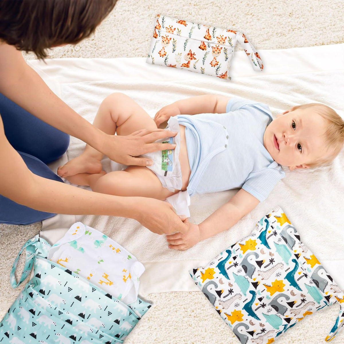 5Pcs Waterproof Reusable Diaper Baby Cloth Wet Dry Bags with 2 Zippered Pockets Travel Beach Pool Bag with Polar Bear Dinosaur Animal Alphabet Crocodile Pattern (3 Sizes)