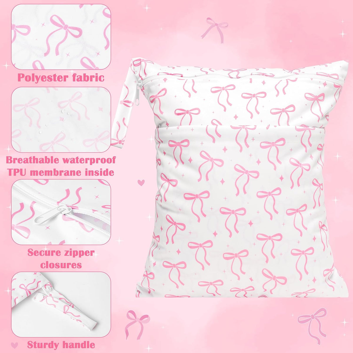 5Pcs Waterproof Reusable Diaper Baby Cloth Wet Dry Bags with 2 Zippered Pockets Travel Beach Pool Bag with Polar Bear Dinosaur Animal Alphabet Crocodile Pattern (3 Sizes)
