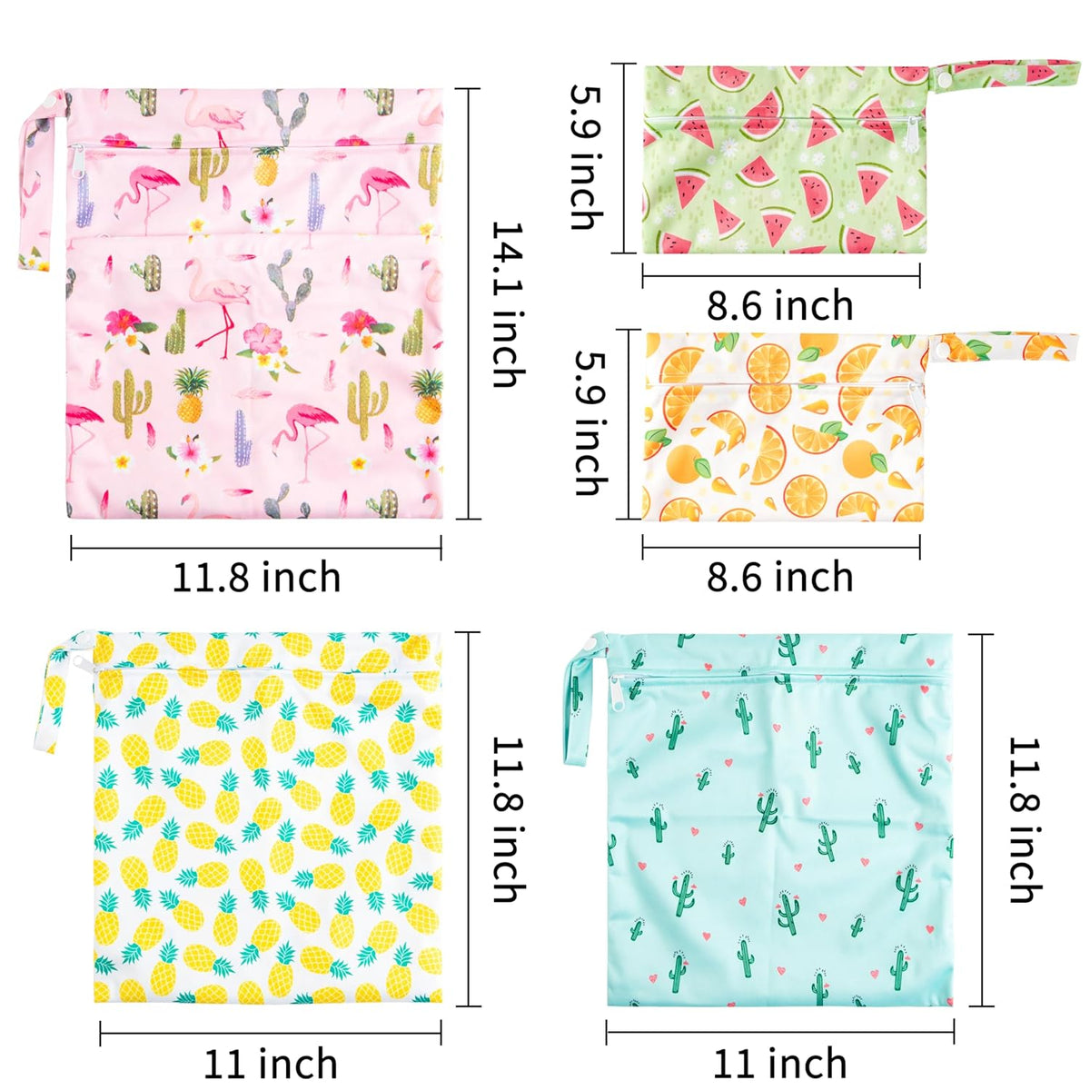 5Pcs Waterproof Reusable Diaper Baby Cloth Wet Dry Bags with 2 Zippered Pockets Travel Beach Pool Bag with Polar Bear Dinosaur Animal Alphabet Crocodile Pattern (3 Sizes)