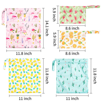 5Pcs Waterproof Reusable Diaper Baby Cloth Wet Dry Bags with 2 Zippered Pockets Travel Beach Pool Bag with Polar Bear Dinosaur Animal Alphabet Crocodile Pattern (3 Sizes)