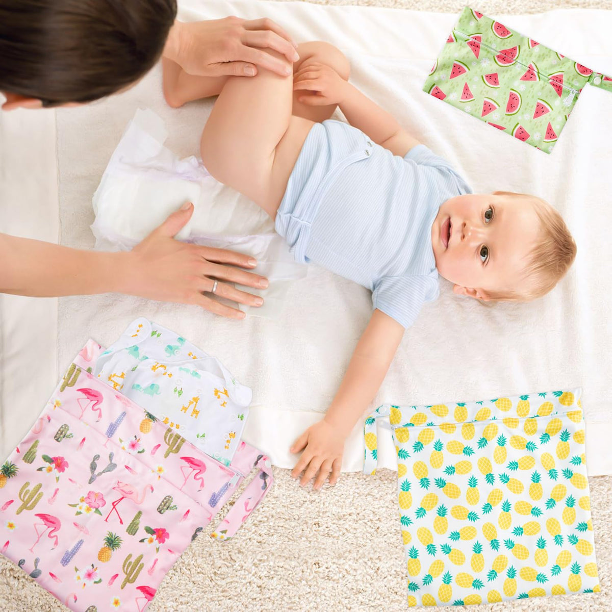 5Pcs Waterproof Reusable Diaper Baby Cloth Wet Dry Bags with 2 Zippered Pockets Travel Beach Pool Bag with Polar Bear Dinosaur Animal Alphabet Crocodile Pattern (3 Sizes)