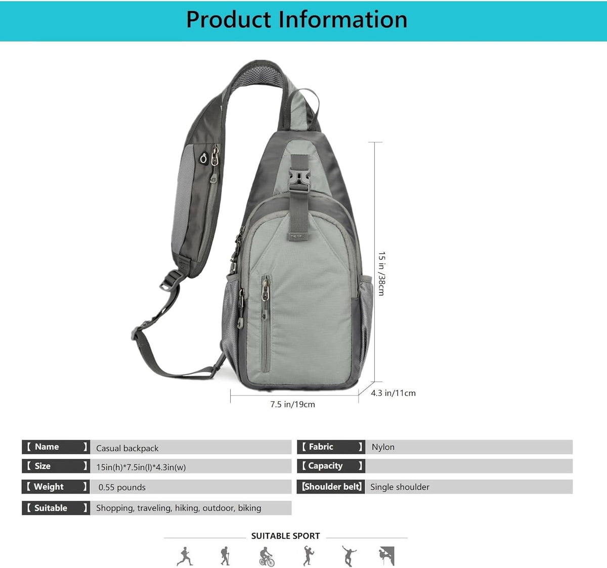 Small Crossbody Sling Backpack,Hiking Daypack Men Women,Lake Blue | Lightweight, Casual Shoulder Chest Bag, Phone Purse, Multiple Pockets, Outdoor Travel