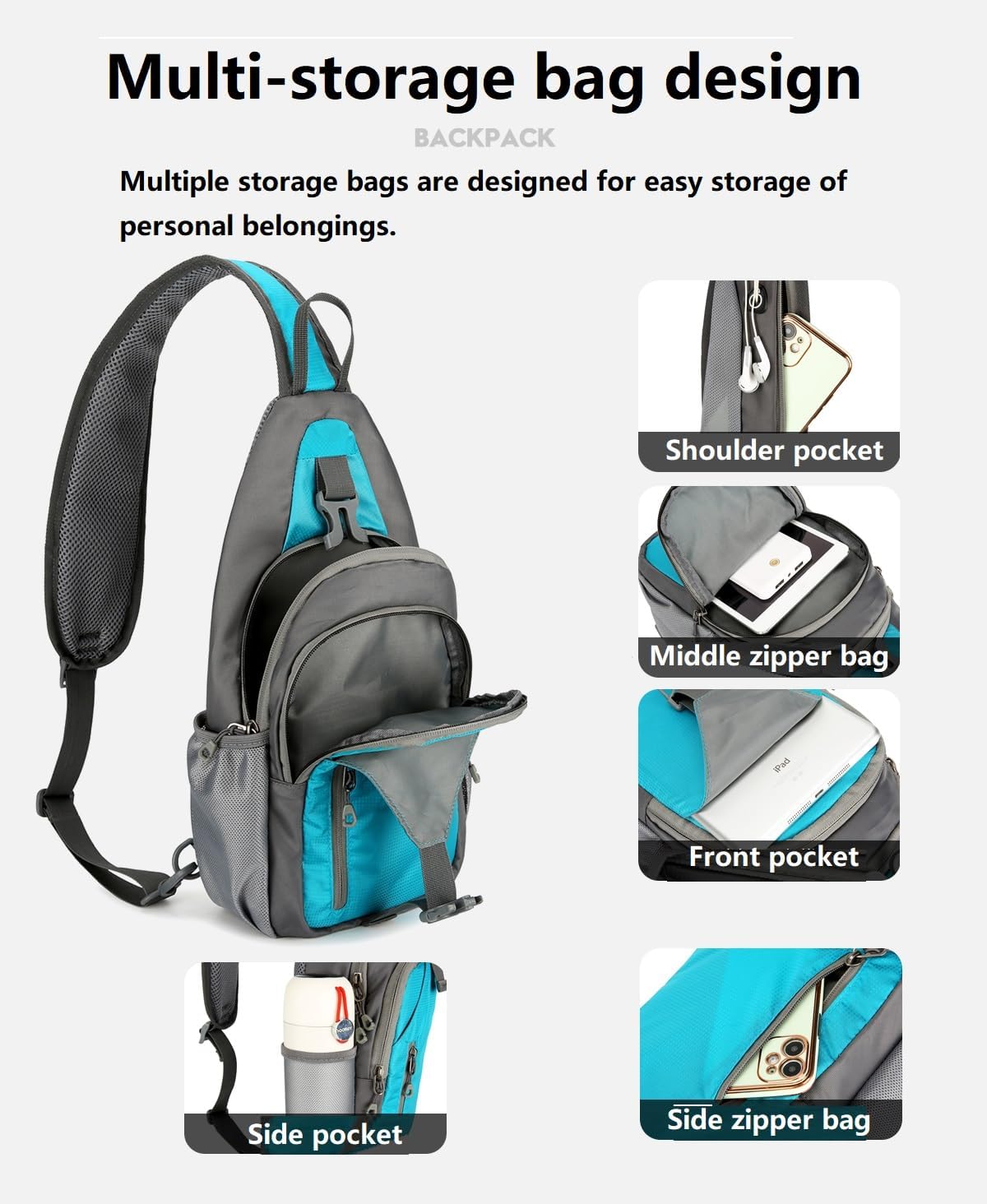 Small Crossbody Sling Backpack,Hiking Daypack Men Women,Lake Blue | Lightweight, Casual Shoulder Chest Bag, Phone Purse, Multiple Pockets, Outdoor Travel