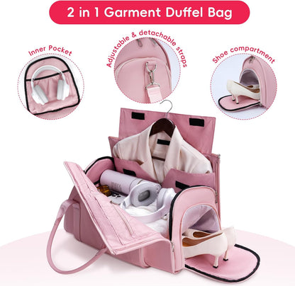 Leather Garment Bag for Travel – 2-in-1 Carry-On Suit Bag & Weekender for Women – Wedding Dress Luggage with Shoe Compartment & Shoulder Strap – Ideal for Business Trips,Pink
