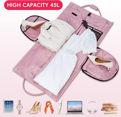 Leather Garment Bag for Travel – 2-in-1 Carry-On Suit Bag & Weekender for Women – Wedding Dress Luggage with Shoe Compartment & Shoulder Strap – Ideal for Business Trips,Pink
