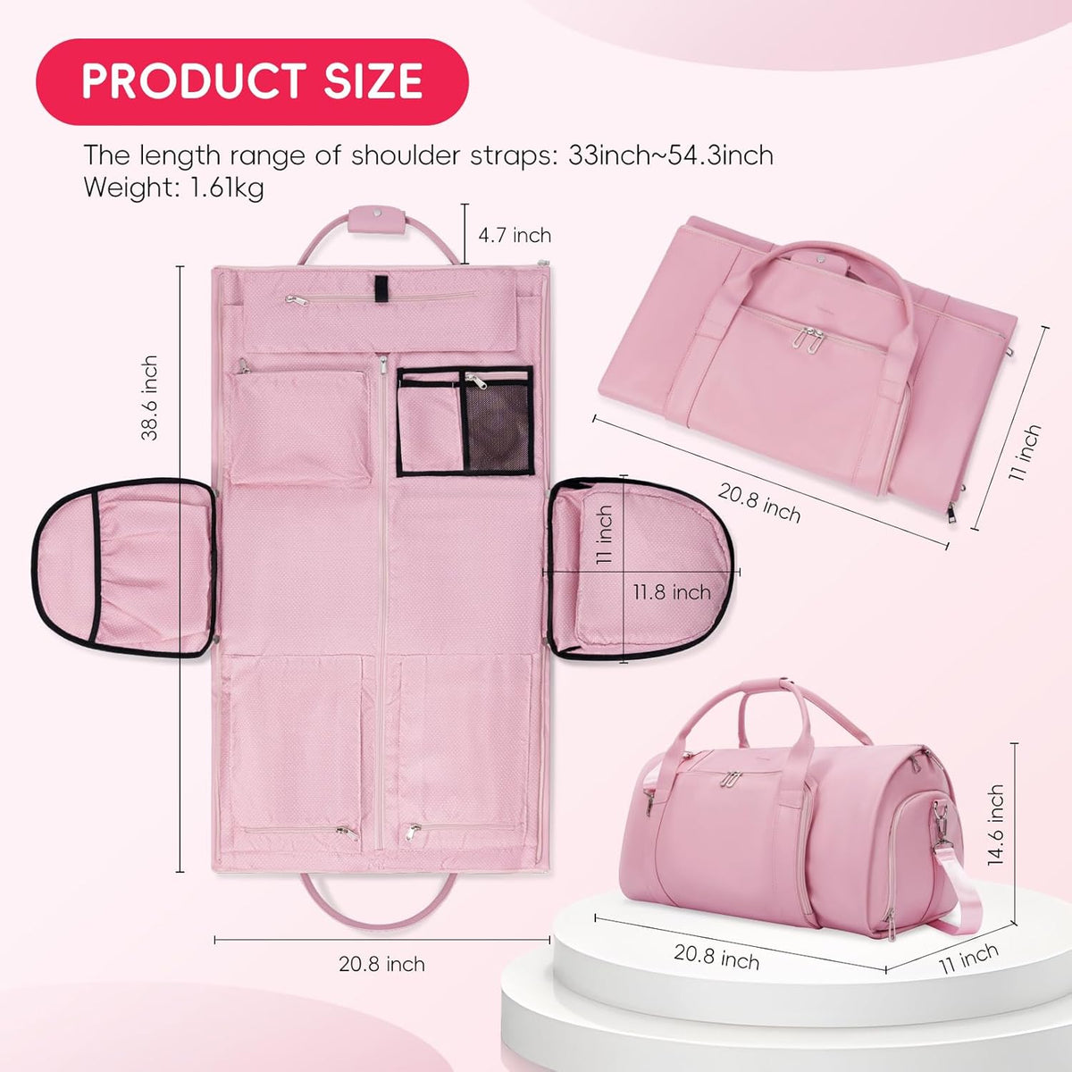 Leather Garment Bag for Travel – 2-in-1 Carry-On Suit Bag & Weekender for Women – Wedding Dress Luggage with Shoe Compartment & Shoulder Strap – Ideal for Business Trips,Pink