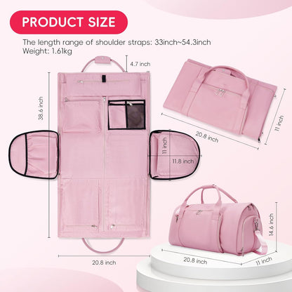 Leather Garment Bag for Travel – 2-in-1 Carry-On Suit Bag & Weekender for Women – Wedding Dress Luggage with Shoe Compartment & Shoulder Strap – Ideal for Business Trips,Pink
