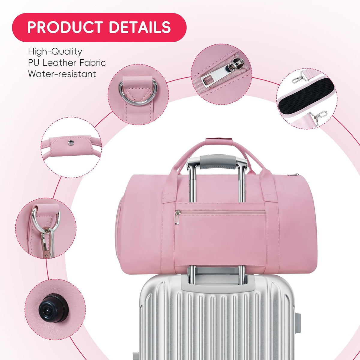 Leather Garment Bag for Travel – 2-in-1 Carry-On Suit Bag & Weekender for Women – Wedding Dress Luggage with Shoe Compartment & Shoulder Strap – Ideal for Business Trips,Pink