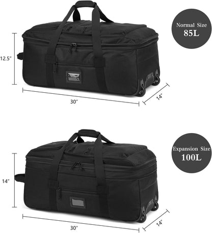 Large Foldable Duffle Bag with Wheels 85-100L Expandable Wheeled Travel Rolling Duffel Bag for Men Women, 30" Extra Large Collapsible Soft Luggage with Wet Pocket for Camping, XL Brown