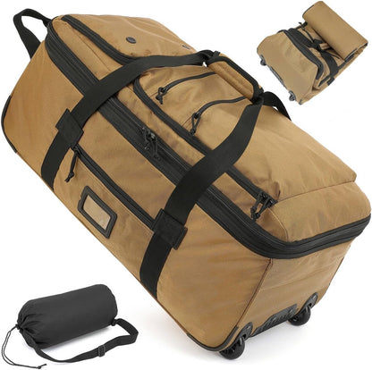 Large Foldable Duffle Bag with Wheels 85-100L Expandable Wheeled Travel Rolling Duffel Bag for Men Women, 30" Extra Large Collapsible Soft Luggage with Wet Pocket for Camping, XL Brown