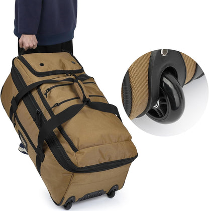 Large Foldable Duffle Bag with Wheels 85-100L Expandable Wheeled Travel Rolling Duffel Bag for Men Women, 30" Extra Large Collapsible Soft Luggage with Wet Pocket for Camping, XL Brown