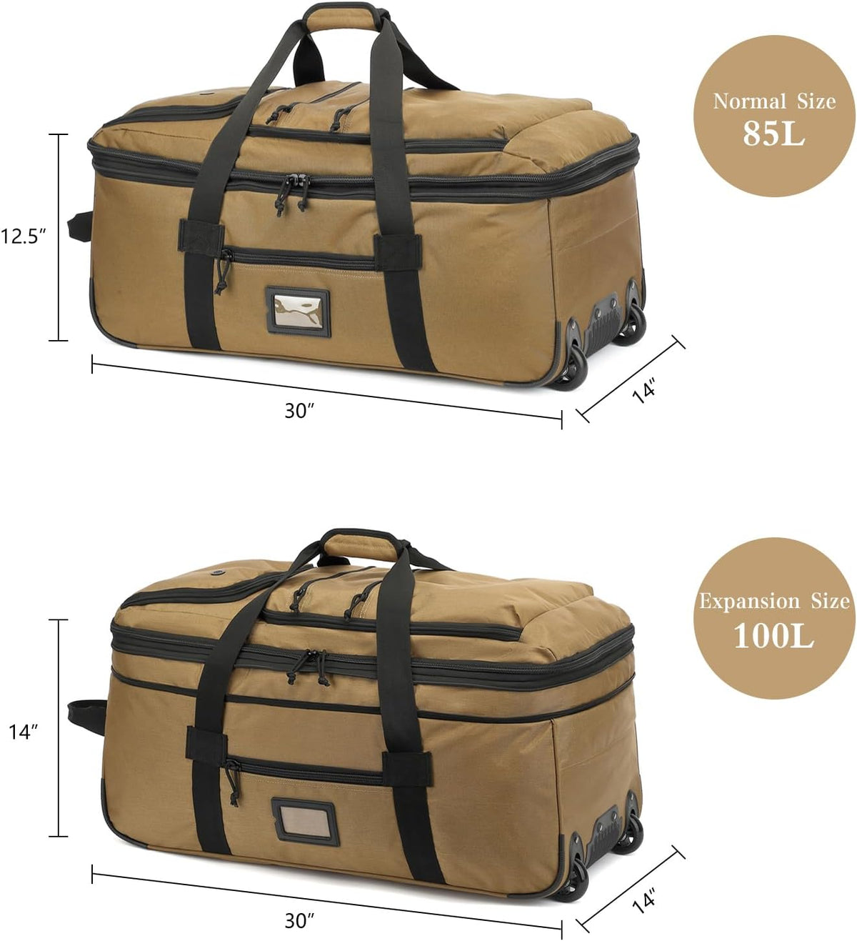 Large Foldable Duffle Bag with Wheels 85-100L Expandable Wheeled Travel Rolling Duffel Bag for Men Women, 30" Extra Large Collapsible Soft Luggage with Wet Pocket for Camping, XL Brown