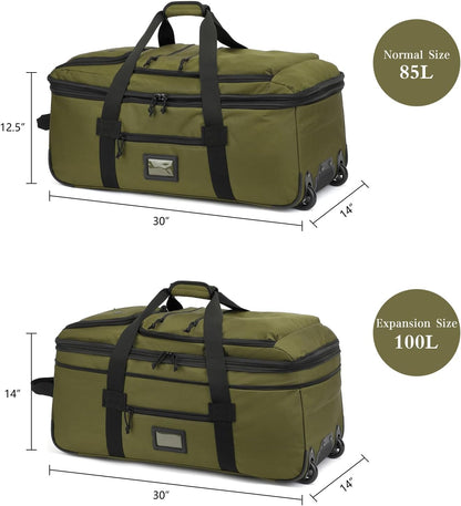 Large Foldable Duffle Bag with Wheels 85-100L Expandable Wheeled Travel Rolling Duffel Bag for Men Women, 30" Extra Large Collapsible Soft Luggage with Wet Pocket for Camping, XL Brown