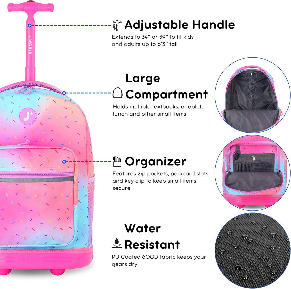 Sunrise Kids Rolling Backpack with Wheels for Girls Boys, Roller Bookbag for School, 18 x 13 x 9 Inches, Confetti - Colors B