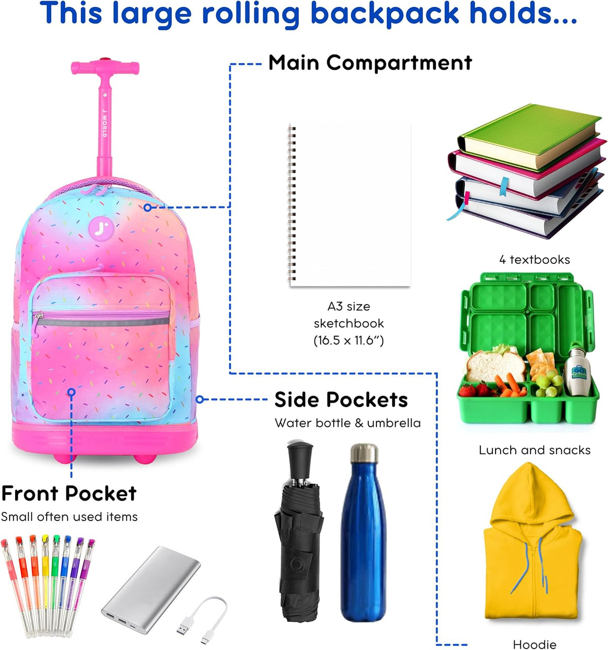 Sunrise Kids Rolling Backpack with Wheels for Girls Boys, Roller Bookbag for School, 18 x 13 x 9 Inches, Confetti - Colors B