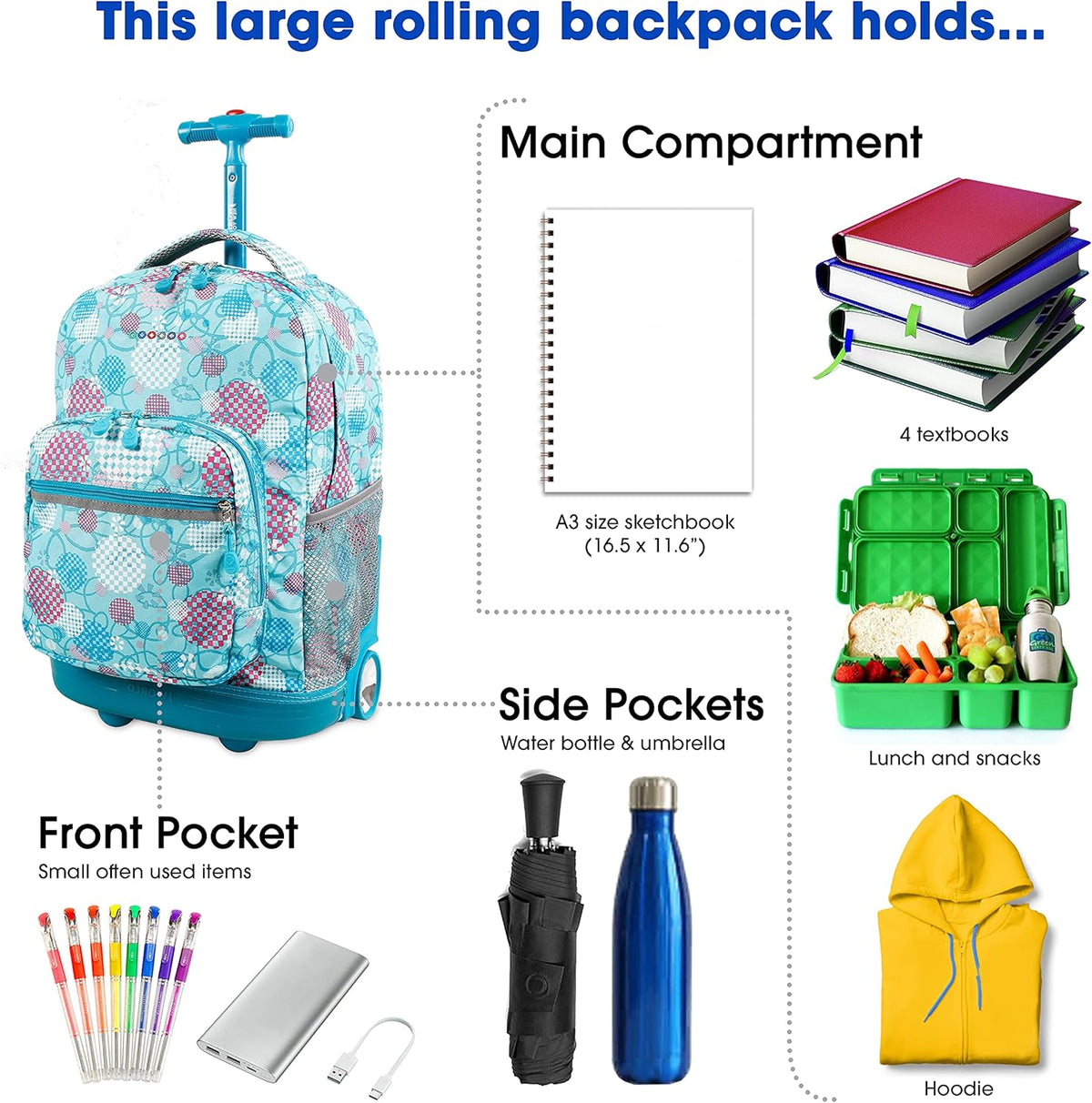Sunrise Kids Rolling Backpack with Wheels for Girls Boys, Roller Bookbag for School, 18 x 13 x 9 Inches, Confetti - Colors B