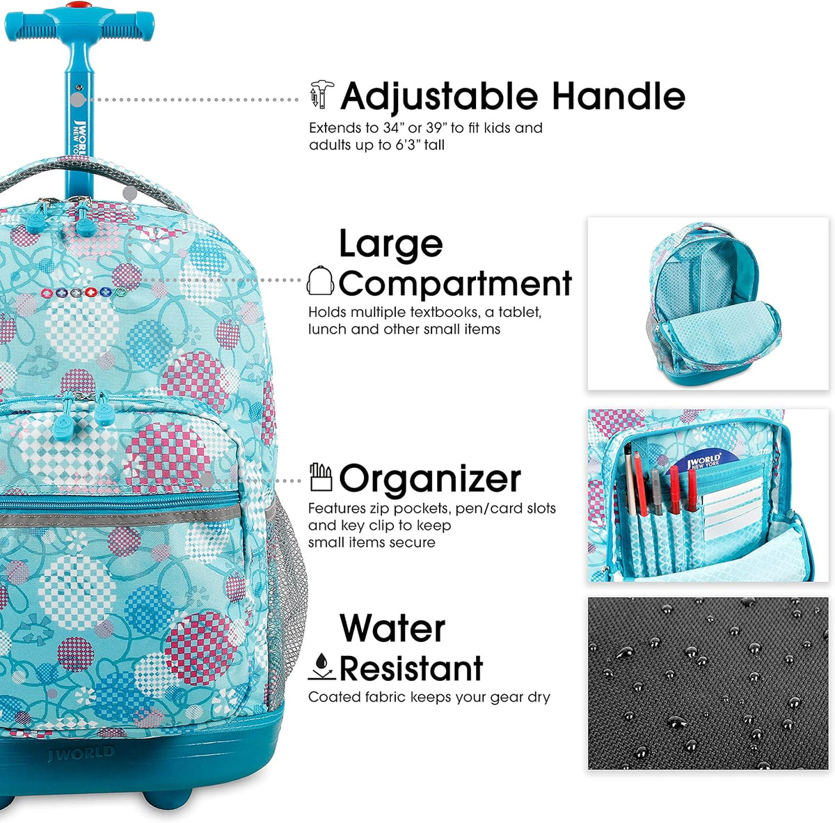 Sunrise Kids Rolling Backpack with Wheels for Girls Boys, Roller Bookbag for School, 18 x 13 x 9 Inches, Confetti - Colors B