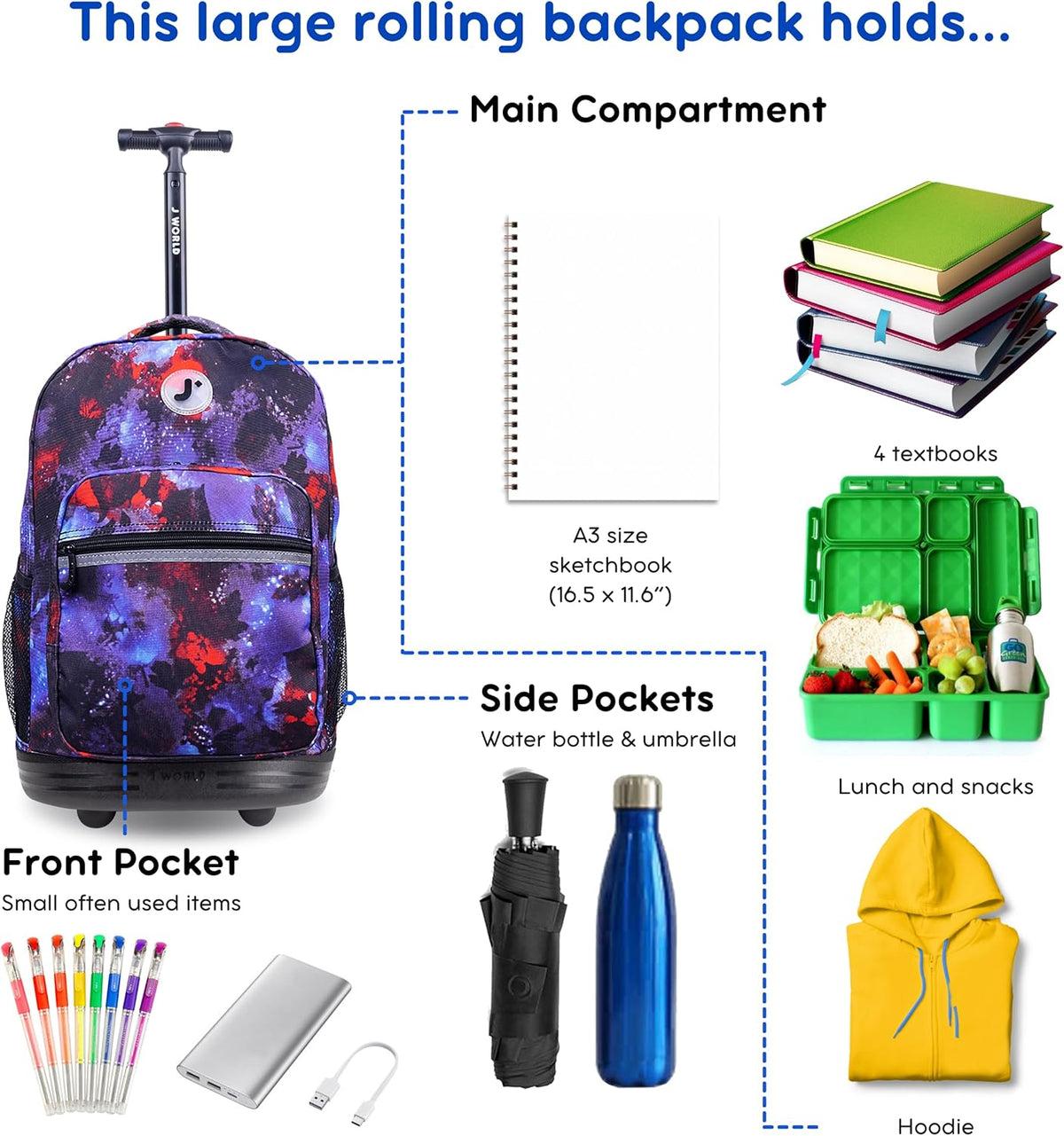 Sunrise Kids Rolling Backpack with Wheels for Girls Boys, Roller Bookbag for School, 18 x 13 x 9 Inches, Confetti - Colors B